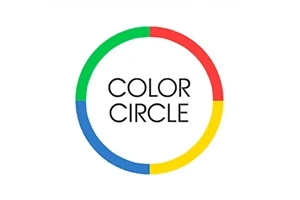 Farebný kruh rozdelený na modrú, zelenú, červenú a žltú časť s textom COLOR CIRCLE uprostred