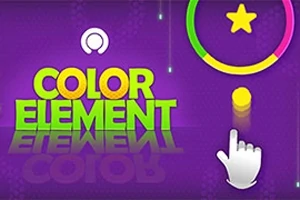 Farebný nápis Color Element na fialovom pozadí s kruhom a hviezdičkou vpravo hore a kurzorom ruky smerujúcim na žltú guľôčku