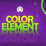 Farebný nápis Color Element na fialovom pozadí s kruhom a hviezdičkou vpravo hore a kurzorom ruky smerujúcim na žltú guľôčku