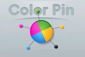Farebný kruh rozdelený na štyri časti s farebnými guľôčkami pripojenými k nemu, na sivom pozadí s nápisom Color Pin hore