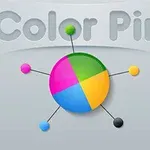 Farebný kruh rozdelený na štyri časti s farebnými guľôčkami pripojenými k nemu, na sivom pozadí s nápisom Color Pin hore