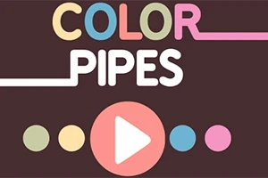 Farebný nápis COLOR PIPES na tmavom pozadí s piatimi farebnými kruhmi a bielym prehrávacím tlačidlom v strede