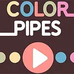 Farebný nápis COLOR PIPES na tmavom pozadí s piatimi farebnými kruhmi a bielym prehrávacím tlačidlom v strede