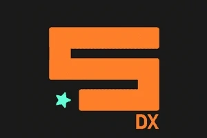 Oranžové písmeno S so zelenou hviezdičkou a textom DX na tmavom pozadí