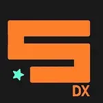 Oranžové písmeno S so zelenou hviezdičkou a textom DX na tmavom pozadí