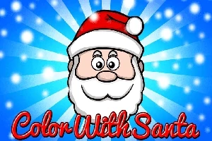 Ilustrácia Santa Clausa s červenou čiapkou na modrom pozadí s hviezdičkami, s nápisom „Color With Santa“ v červenej farbe