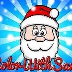 Ilustrácia Santa Clausa s červenou čiapkou na modrom pozadí s hviezdičkami, s nápisom „Color With Santa“ v červenej farbe