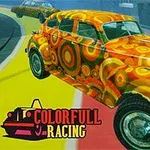 Farebné auto s retro dizajnom jazdiace po pestrofarebnej trati