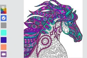 Farebná ilustrácia koňa s detailnými vzormi v odtieňoch fialovej, modrej a tyrkysovej