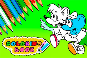 Dvaja kreslené postavičky, biely a modrý, na zelenom pozadí ukazujúce smerom vpred, obklopené farebnými ceruzkami a nápisom Coloring Book