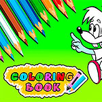 Dvaja kreslené postavičky, biely a modrý, na zelenom pozadí ukazujúce smerom vpred, obklopené farebnými ceruzkami a nápisom Coloring Book