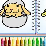 Kreslený obrázok psa vyliezajúceho z vajíčka, so súborom farebných pasteliek nižšie