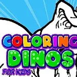 Čiernobiely dinosaur s maliarskou paletou a štetcom na modrom pozadí s pestrofarebným textom Coloring Dinos for Kids
