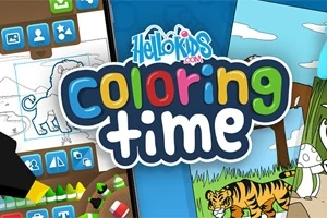 Farebný plagát s textom Coloring Time obklopený obrázkami a kresliacimi nástrojmi