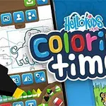 Farebný plagát s textom Coloring Time obklopený obrázkami a kresliacimi nástrojmi