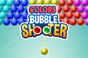 Farebné bubliny okolo loga „Colors Bubble Shooter s mieriacou žltou bublinou dole