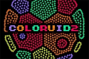 Farebný nápis COLORUID2 uprostred geometrického pozadia zloženého z rôznofarebných pixelových vzorov na čiernom pozadí