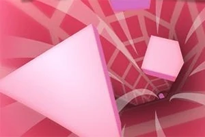 Ružové geometrické tvary, vrátane trojuholníka a šesťuholníka, sa vznášajú v hypnotickom tuneli