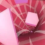 Ružové geometrické tvary, vrátane trojuholníka a šesťuholníka, sa vznášajú v hypnotickom tuneli