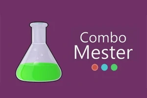 Fialové pozadie s ikonou chemickej banky obsahujúcej zelenú tekutinu a nápisom Combo Mester s tromi farebnými bodkami