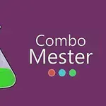 Fialové pozadie s ikonou chemickej banky obsahujúcej zelenú tekutinu a nápisom Combo Mester s tromi farebnými bodkami
