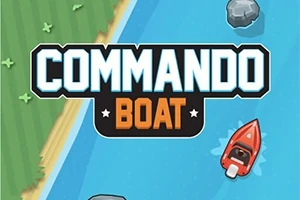 Červený čln plávajúci po modrej rieke s nápisom Commando Boat na vrchu, lemovanej zeleným pobrežím a kameňmi