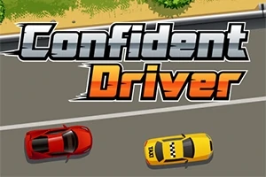 Názov Confident Driver nad cestou so žltým a červeným autom dole a zelenou trávou hore