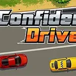 Názov Confident Driver nad cestou so žltým a červeným autom dole a zelenou trávou hore