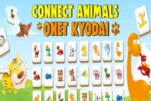 Farebné zvieracie ilustrácie na svetlom pozadí s textom Connect Animals Onet Kyodai a zelenou trávou v spodnej časti