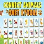 Farebné zvieracie ilustrácie na svetlom pozadí s textom Connect Animals Onet Kyodai a zelenou trávou v spodnej časti