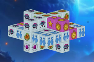 Pyramída z kociek s motívmi mimozemšťanov, UFO a hodiniek na vesmírnom pozadí