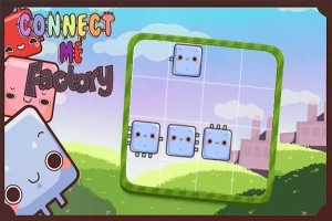 Ilustrácia roztomilých kreslených štvorčekov s tvárami na hernej mriežke v farebnom, kreslenom prostredí s nápisom „Connect Me Factory“