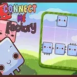Ilustrácia roztomilých kreslených štvorčekov s tvárami na hernej mriežke v farebnom, kreslenom prostredí s nápisom „Connect Me Factory“