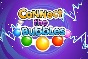 Farebný nápis „Connect the Bubbles s lesklými bublinami na fialovom špirálovom pozadí s bleskami