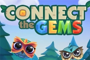 Farebný nápis Connect the Gems s dvoma kreslenými sovami v pozadí lesa