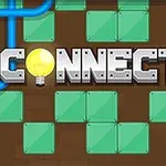 Text Connector so žiarovkou namiesto písmena O, obklopený zelenými blokmi a modrými rúrkami na hnedastom pozadí