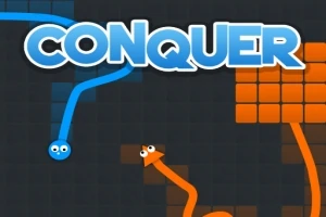 Modrá a oranžová línia s očami na tmavom pozadí s nápisom CONQUER hore