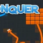 Modrá a oranžová línia s očami na tmavom pozadí s nápisom CONQUER hore