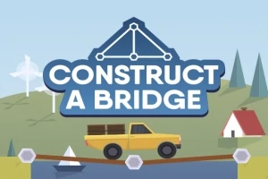 Žlté auto na moste s nápisom CONSTRUCT A BRIDGE na vidieckom pozadí s domom a stromami