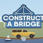 Žlté auto na moste s nápisom CONSTRUCT A BRIDGE na vidieckom pozadí s domom a stromami