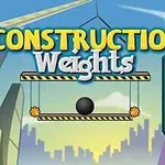 Názov Construction Weights na farebnom pozadí s mestskými budovami a závažím zaveseným na plošine