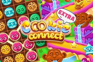 Farebný obrázok s malými pestrofarebnými koláčikmi v mriežke a nápisom Cookie Connect so šibalskými opicami a dúhovými šmýkačkami na pozadí