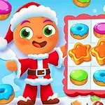 Postava v kostýme Santa Clausa ukazuje na mriežku s farebnými donutmi a hviezdičkami