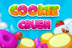 Názov Cookie Crush v farebnom a hravom dizajne s cukrovinkami na modrom pozadí