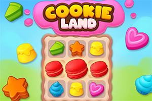 Farebné cukrovinky a koláčiky rôznych tvarov na hernom pozadí s nápisom Cookie Land
