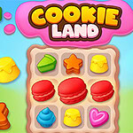 Farebné cukrovinky a koláčiky rôznych tvarov na hernom pozadí s nápisom Cookie Land