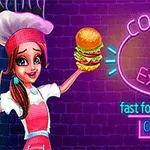 Dievča v kuchárskej uniforme s hamburgerom v ruke na pozadí s neónovým nápisom