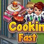 Traja kreslení kuchári stoja pred ružovým foodtruckom s taniermi jedla, nad názvom „Cooking Fast“