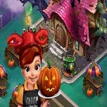 Žena v červenej čiapke drží vyrezávanú tekvicu pred strašidelným domom s fialovou strechou a dekoráciami na Halloween