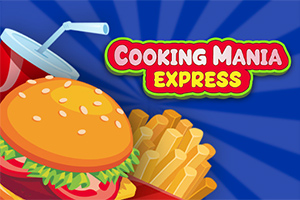Hamburger, hranolky a nápoj na modrom pozadí s nápisom Cooking Mania Express